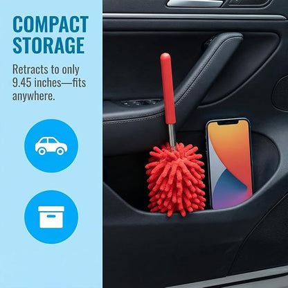 2PCS Car Interior Duster with Extension Pole, 9.45" to 28.35" Microfiber Soft Vehicle Dash Dusting Detailing Wash Brushes, Automotive Dash Cleaning Tool, Universal for SUV RV Truck (Red)
