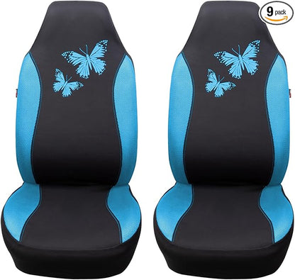 Flying Banner Butterfly car seat Covers ful Set Fashion Universal Lady Woman Female Rear Bench Split Colorized (2 Fronts, Mint Blue)