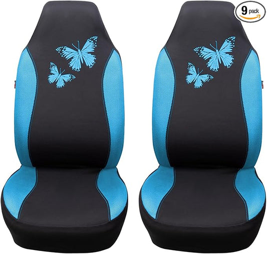 Flying Banner Butterfly car seat Covers ful Set Fashion Universal Lady Woman Female Rear Bench Split Colorized (2 Fronts, Mint Blue)