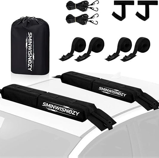 Universal Soft Roof Rack Pads with Two 16 FT Tie-Down Straps, Bow & Stern Ropes, Quick Loops & Storage Bag–Car Roof Rack for Kayak, Surfboard, SUP, Canoe–Fits Cars, SUVs, Sedans & Hatchbacks(1 Pair)
