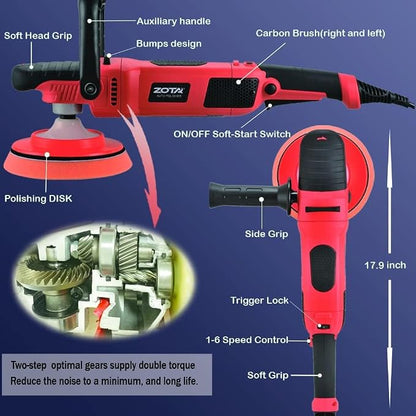 ZOTA Rotary Polisher, 1200W Double Torque 6-inch/7-inch Car Polisher, 6 Variable Speed 1100-3050RPM Buffer with Soft Start
