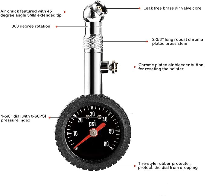 CZC AUTO Heavy Duty Tire Pressure Gauge, ANSI B40.1 Accurate Mechanical Air Gage, Chrome Plated Brass Stem Rotating Single Chuck Dial Wheel Pressure Tester for Motorcycle Bike Car RV Bicycle, 0-60PSI