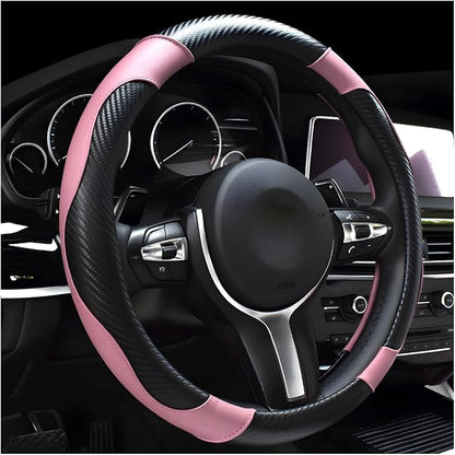 DXNQ Car Steering Wheel Cover, 15 Inch Carbon Fiber Leather Stitching Color Steering Wheel Protector, Anti-Slip Elastic Breathable Steering Wheel Cover Stylish Decor for Most Cars (Black&Pink)