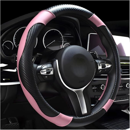 DXNQ Car Steering Wheel Cover, 15 Inch Carbon Fiber Leather Stitching Color Steering Wheel Protector, Anti-Slip Elastic Breathable Steering Wheel Cover Stylish Decor for Most Cars (Black&Pink)