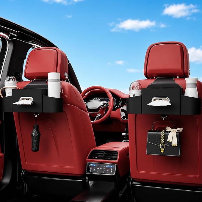 Back Seat Car Organizer with One Towel Leather Wood Materials Car Back Seat Storage Box 2 Drink Cup Holder Tissue Box for Hold Phone Drinks Handbag Compatible with Most Vehicles (Black)