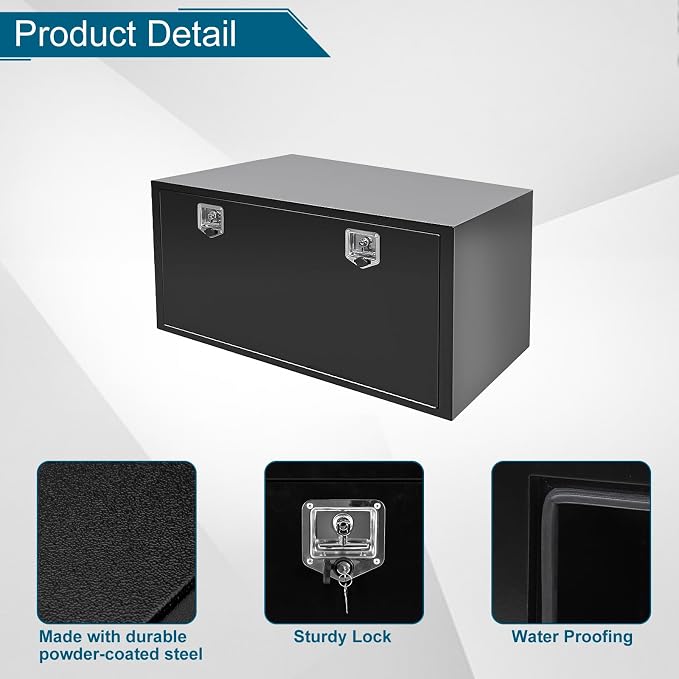 48"X23"X23" Underbody Truck Box Black Heavy Duty Steel Trailer Box Pick Up Truck Tool Box Storage Organizer w/Lock & eys