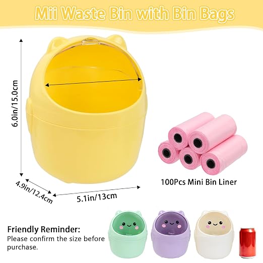Mini Trash Can, Cute Small Trash Can with Lid, Desktop Paper Bin with 5 Rolls of Bin Liners, Portable Tabletop Dustbin, Cartoon Animal Rubbish Storage for Office Bedroom Desk Kitchen(Yellow)