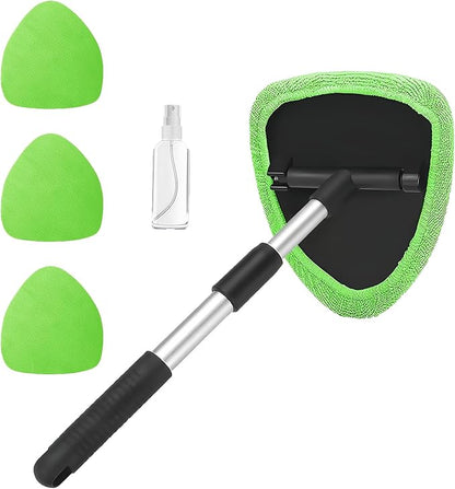 Car Window Cleaner, Car Cleanser Brush, Car Accessories Car Cleaning Supplies Tools, Car Cleaning Kit with Extendable Handle, Microfiber Cloth, Spray Bottle, Fits All Cars (Green)