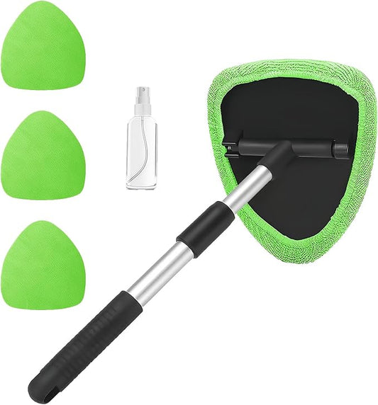Car Window Cleaner, Car Cleanser Brush, Car Accessories Car Cleaning Supplies Tools, Car Cleaning Kit with Extendable Handle, Microfiber Cloth, Spray Bottle, Fits All Cars (Green)