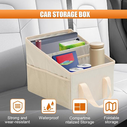 Craedli Car Seat Organizer, Collapsible Trunk Organizer Backseat Car Storage Box with 2 Compartments and Multiple Pockets, Passenger Seat Organizer with Handles for Front/Back Consoles (Beige)