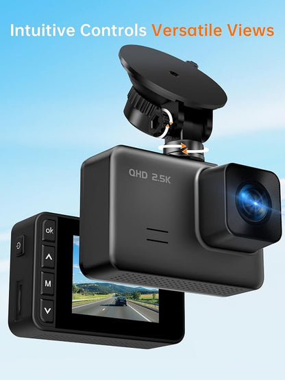 Dash Cam Front and Rear, 2.5K+1080P Dual Dash Camera for Cars, 2’’ Display Mini Car Camera, G-Sensor Dashcam, Night Vision, 24H Parking Mode, Loop Recording, 170°Wide Angle