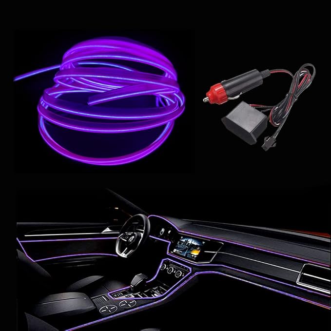 MaxLax Purple EL Wire Car Interior LED Kit - 16.4ft Flexible neon-Style Wire with 12V Fused Power Supply. Features 6mm Reinforced Edge for Easy auto Installation