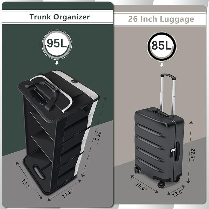 AOPHY Trunk Organizer for Car, 95L Large Capacity Storage with Non-Slip Bottom Strips and 2 Retractable Straps, Cargo Organizer for Suv, Truck, Sedan, Waterproof Portable Car Organizers for Women Men