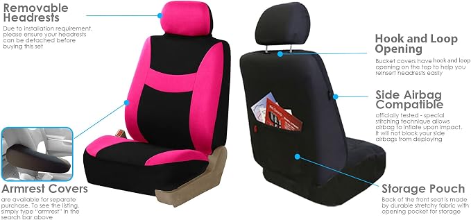 FH Group Stylish Full Set Car Set Covers Front Set and Rear Split Function, Airbag Compatible – Universal Fit for Cars Trucks & SUVs (Pink/Black)