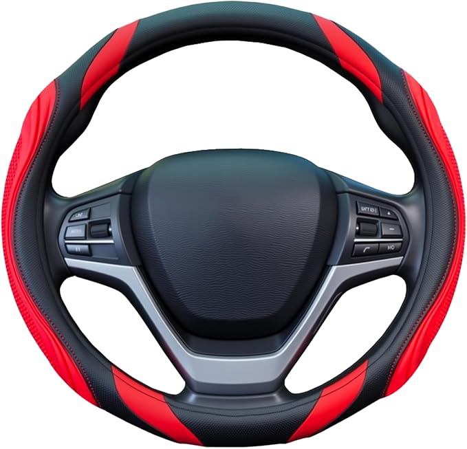 Concave Convex Massage Black Red Microfiber Leather Steering Wheel Cover, 14.5-15 Inch Non-Slip Breathable Microfiber Car Steering Wheel Protector