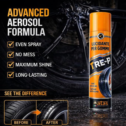 ATAS Italian Tire Shine Spray – Long-Lasting Shine, Deep Black Gloss, Professional Tire Dressing, 13.5 fl oz,3-in-1 Revive, Protect & Polish Cleaner