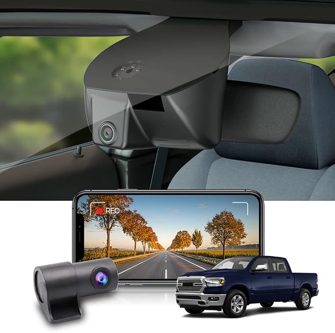Fitcamx 2K Dual Dash Cam Suitable for RAM 1500 (Model A) 2019 2020 2021 2022 2023 2024 Rebel Big Horn Laramie, OEM Style, Front 1440P+Rear 1080P Video, Loop Recording WiFi, G-Sensor, Easy to Set, 64GB