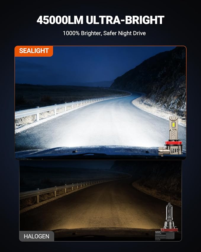 SEALIGHT 10X Super Brighter H11/H8/H9 Light Bulb than Origin, 6500K White Built-in Driver, 50000LM H9/H8/H11 LED Bulb 360° Adjustable Plug-N-Play, 70000Hrs Lifespan IP68 Waterproof, Pack of 2