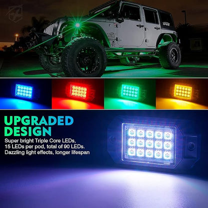 Xprite Bluetooth RGB LED Rock Lights Kit, Multicolor Neon Accent Music Flashing Lighting Underglow Kits with RF Controller for Off-Road, Trucks, Cars, UTV, ATV, SUV, RZR, Motorcycles, Boats - 6 PCS