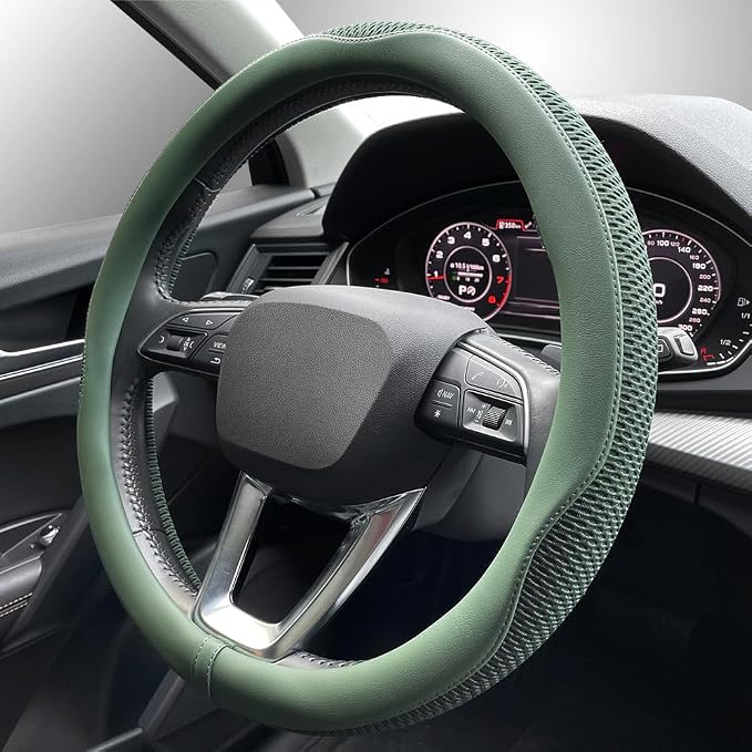 LKWLIKEI Car Steering Wheel Cover, Universal 15 inch, the Latest Microfiber Leather Breathable Technology Fabric, Non-Slip, Comfortable, Warm in Winter and Cool in Summer, Green
