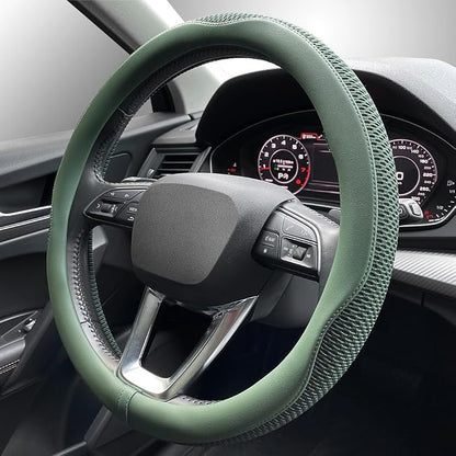 LKWLIKEI Car Steering Wheel Cover, Universal 15 inch, the Latest Microfiber Leather Breathable Technology Fabric, Non-Slip, Comfortable, Warm in Winter and Cool in Summer, Green