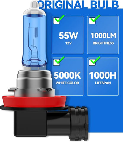 H11 Headlight Bulb H11 Halogen Bulbs No Flashing 12V 55W 5000K Xenon White, 2 Pack