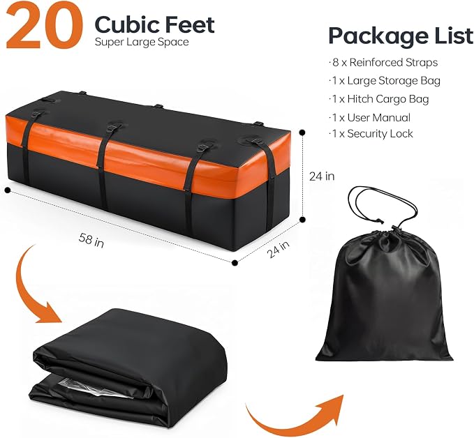 Forluck Waterproof Hitch Mount Cargo Carrier Bag, 20 Cubic Feet Soft Shell Travel Storage Bag (59"x24"x24"), Heavy Duty PVC with 8 Reinforced Straps, Combination Lock & Storage Bag for Truck SUV RV