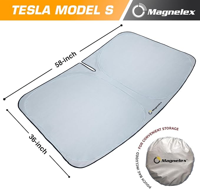 Magnelex Tesla Windshield Sun Shade for Model S 2012-2026 - Reflective Polyester Blocks Heat & Sun, Foldable Car Window Sun Blocker, Mirror Cut-Out, Fade-Resistant Sunshade, Tesla S Accessories