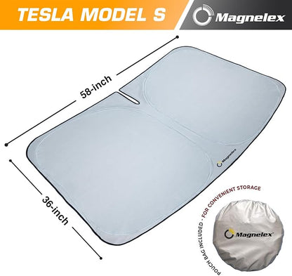 Magnelex Tesla Windshield Sun Shade for Model S 2012-2026 - Reflective Polyester Blocks Heat & Sun, Foldable Car Window Sun Blocker, Mirror Cut-Out, Fade-Resistant Sunshade, Tesla S Accessories