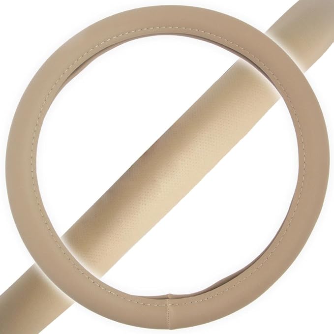 BDK Ergonomic Soft Grip Steering Wheel Cover - Sporty Leather Grip for Standard Size Wheels 14.5-15 inch Beige