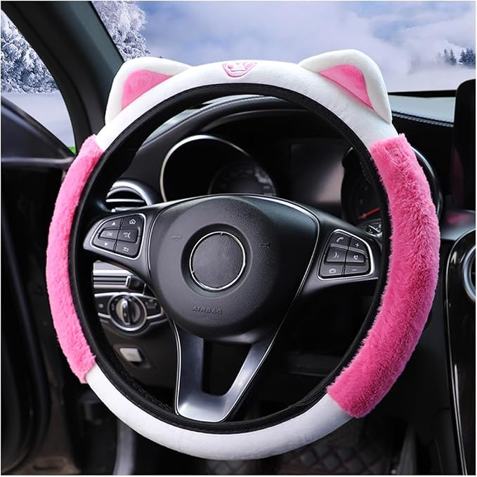 Bittwee Car Steering Wheel Cover, Fluffy Soft Plush for Winter Warm, Cute Steering Wheel Protector with Kitty Cat Ears, Universal 15 Inch, Elastic & Anti-Slip, Lovely Decor Car Accessories (Rose Red)