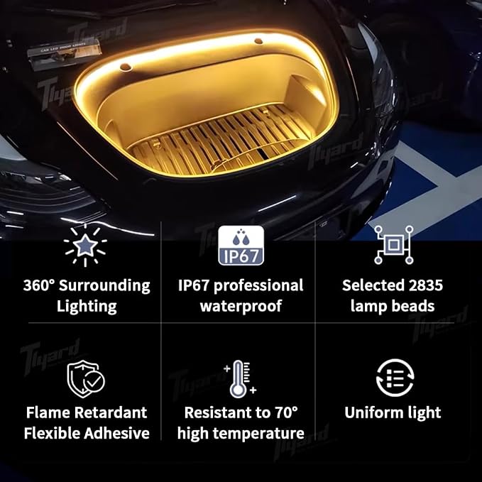 Tlyard Front Trunk LED Lights Strip for Tesla Model 3 Highland 2024 2025 2026 Back Interior Frunk Lightning Waterproof &High Brightness Strip for Tesla Model 3 Accessories Warm White