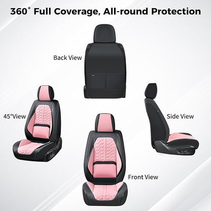 Huidasource Front Seat Covers Universal Fit for Most Cars SUV Trucks, Automotive Leather Seat Cushion Covers Protector with Lumbar Support, Waterproof Seat Cover Front Seat, Black & Pink