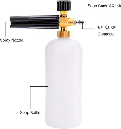 Fasmov Foam Cannon, Car Wash Pressure Washer Jet Wash 1/4" Quick Connector Adjustable Snow Foam Lance Foam Blaster, 1 Liter