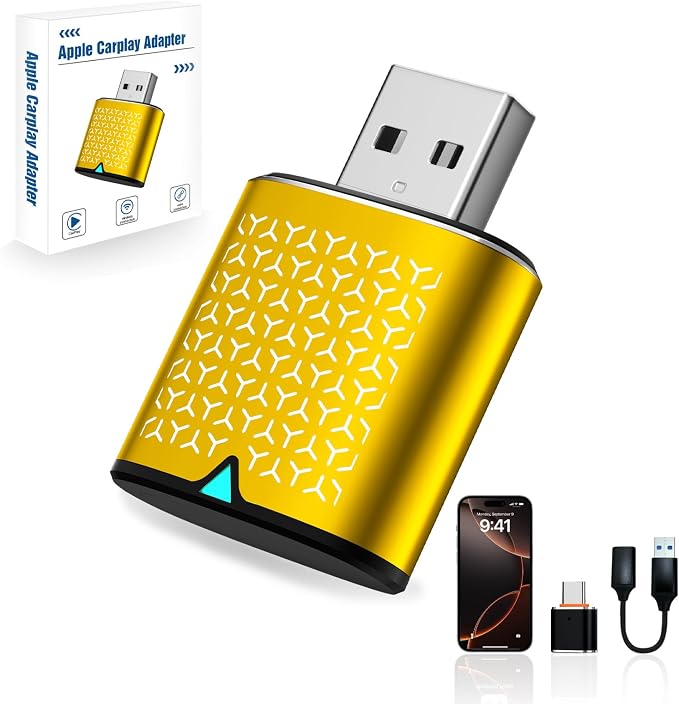 Mini Wireless Carplay Adapter for iPhone - Carplay Wireless Adapter Car Play Dongle Bluetooth, Compatible with iPhone iOS 10+, Stable & No Delay, Gold