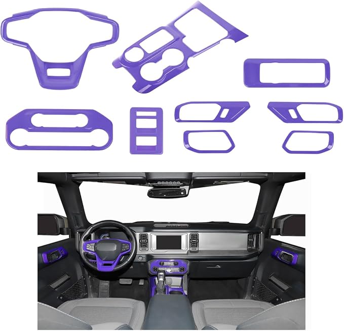 9PCS Full Set Interior Trim Kit Fit for Ford Bronco 2021-2024 4 Door,Center Console Gear Shift Panel Inner Door Handle (Purple)