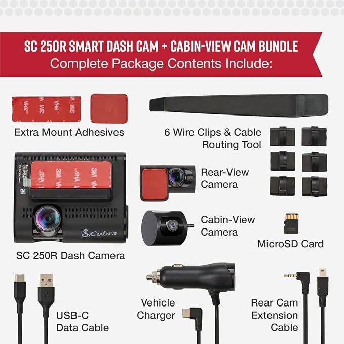 Cobra SC 250R Smart Dual View Front and Rear Dash Cam + Cobra Full HD (1080P) Cabin-View Accessory Camera (FV-CV2)