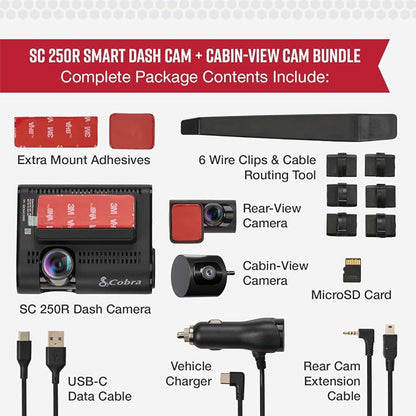 Cobra SC 250R Smart Dual View Front and Rear Dash Cam + Cobra Full HD (1080P) Cabin-View Accessory Camera (FV-CV2)
