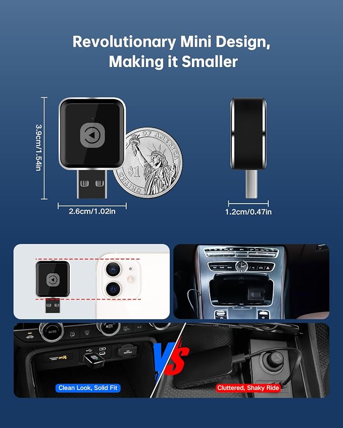 Wireless CarPlay Adapter for iPhone, Converts Factory Wired CarPlay to Wireless, Plug & Play Auto Reconnect, USB-A Dongle + USB-C Adapter, for Cars with OEM Wired CarPlay (iOS 10+, Car Model 2016+)