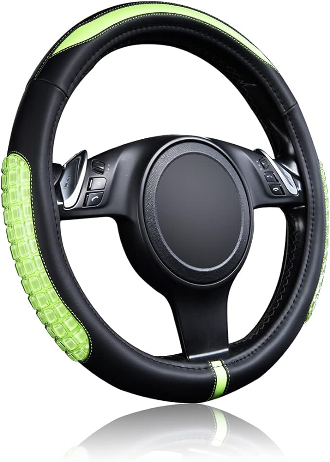Flying Banner car Steering Wheel Cover Gel Massage Velvet Cool Warm Universal Size 15 inches SUV Truck Anti Slip Odorless Summer Winter (Black Mint Green, Gel Massage)