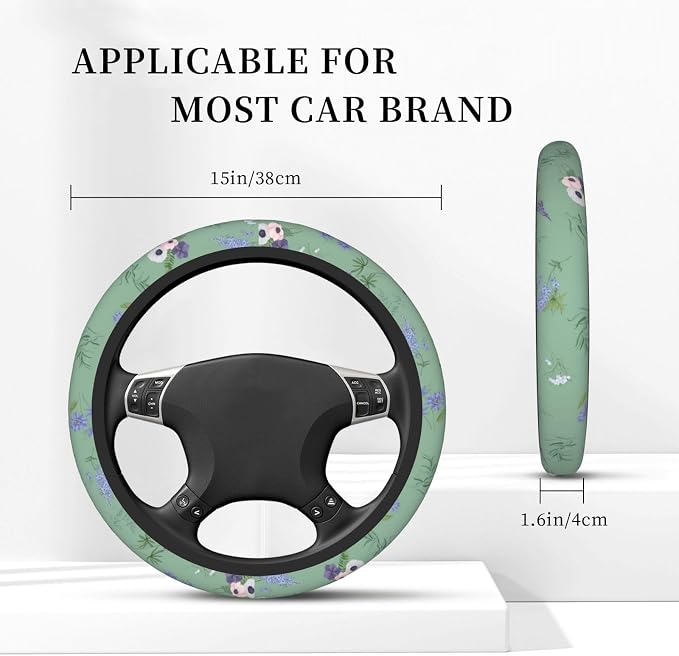 Sage Green Floral Plant Car Steering Wheel Cover