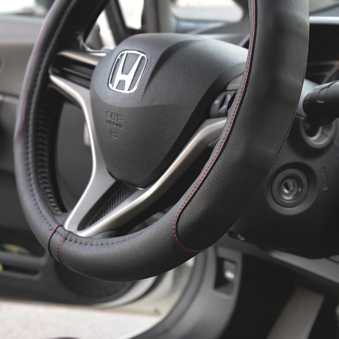 Motor Trend Ergonomic Steering Wheel Cover/Protector for Small Size Steering Wheels in Cars, SUVs, Boats (13.5-14.5") - Grip Drive Pro Comfort Grip (Black/Red Stitching)