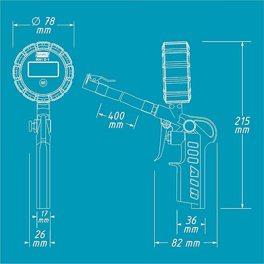 HAZET Tire Pressure Gauge 9041D-1 I Digital Display, Illuminated, Measuring Range: 0-174 psi, Hose Length: 15.75 Inches, Pressure Gauge Diameter: 2.48 Inches I Tire Pressure Gauge for Cars