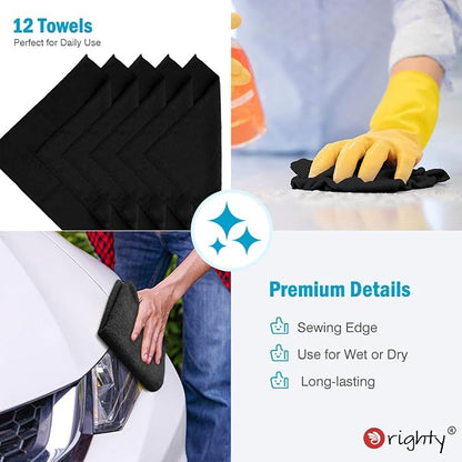 Orighty Microfiber Cleaning Cloth, 12 Pack Microfiber Towels for Cars, Highly Absorbent Car Cleaning Supplies, Lint Free Cloths Clean Rags for Car Care, House, Kitchen, 12x11 inch, Black