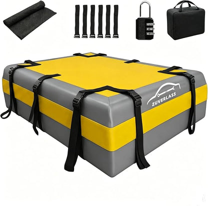 21 Cubic Feet Car Roof Cargo Carrier Bag, Waterproof Rooftop Bag for All Vehicle with/Without Racks, Soft Roof Top Storage Box with Anti-Slip Mat, 6 Door Hooks, Luggage Lock, Gray Yellow