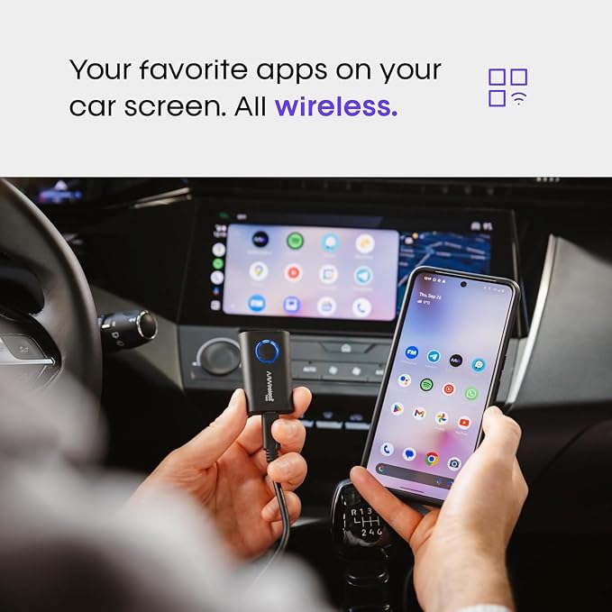 AAWireless Two – Wireless Android Auto Adapter – Convert Factory Wired Android Auto to Wireless – Bluetooth & Wi-Fi Auto Connect – Easy Plug & Play – Multifunction Button – Made in Europe