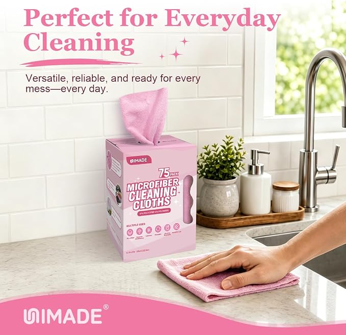 UNIMADE Microfiber Cleaning Cloth, 75 Sheets Microfiber Towels for Cars Commercial Grade Washcloths Lint-Free Bulk Shop Towel Cleaning Rags for Household Restaurant Garage Housekeeping, 11"x 9", Pink
