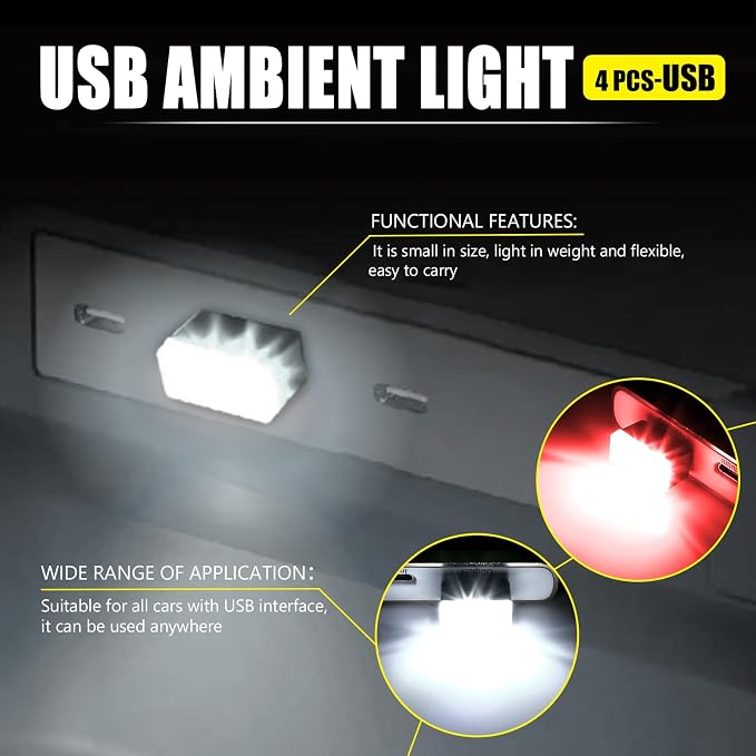 4 PCS USB LED Car Interior Atmosphere Lamp, Portable Mini Auto LED Decor Night Light, Plug-in USB Interface Ambient Lighting Kit, Universal Car Interior Accessories(White+Red)