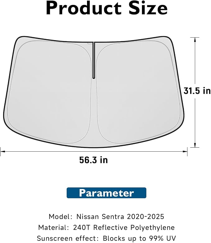 BIBLOZ Car Windshield Sun Shade for Nissan Sentra 2020-2025, S, SV, SR Accessories Foldable Car Sunshade Front Windshield Sun Visor PET Reflective Material