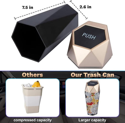 BFXM Car Trash Can, Car Trash Bin with Lid, Car Accessories for Women Interior, Car Garbage Can with Additional 2 ABS Hooks and 60pcs Trash Bags, Suitable for Home, Office, Car Organizer, Gold
